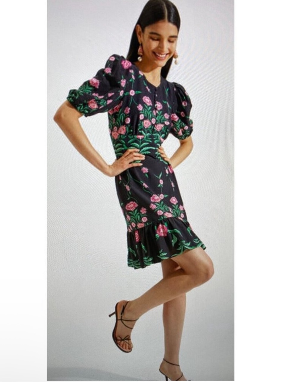 La DoubleJ Coquette Rosa Sable Ruffle Floral Puff Sleeve Mini Dress Black Pink S